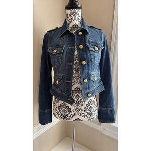 Escada Sport Denim Jacket Dark Wash Gold Anchor Button Military Cropped Blue 34